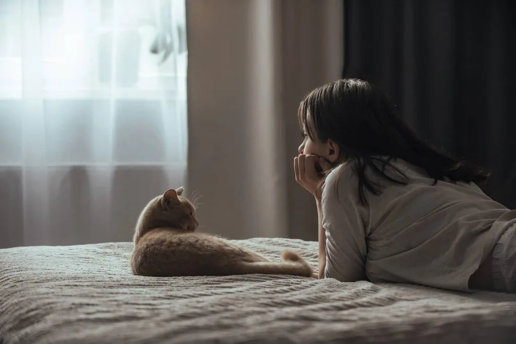 Person wearing glasses lying on bed facing an orange cat, with natural light from window behind them
