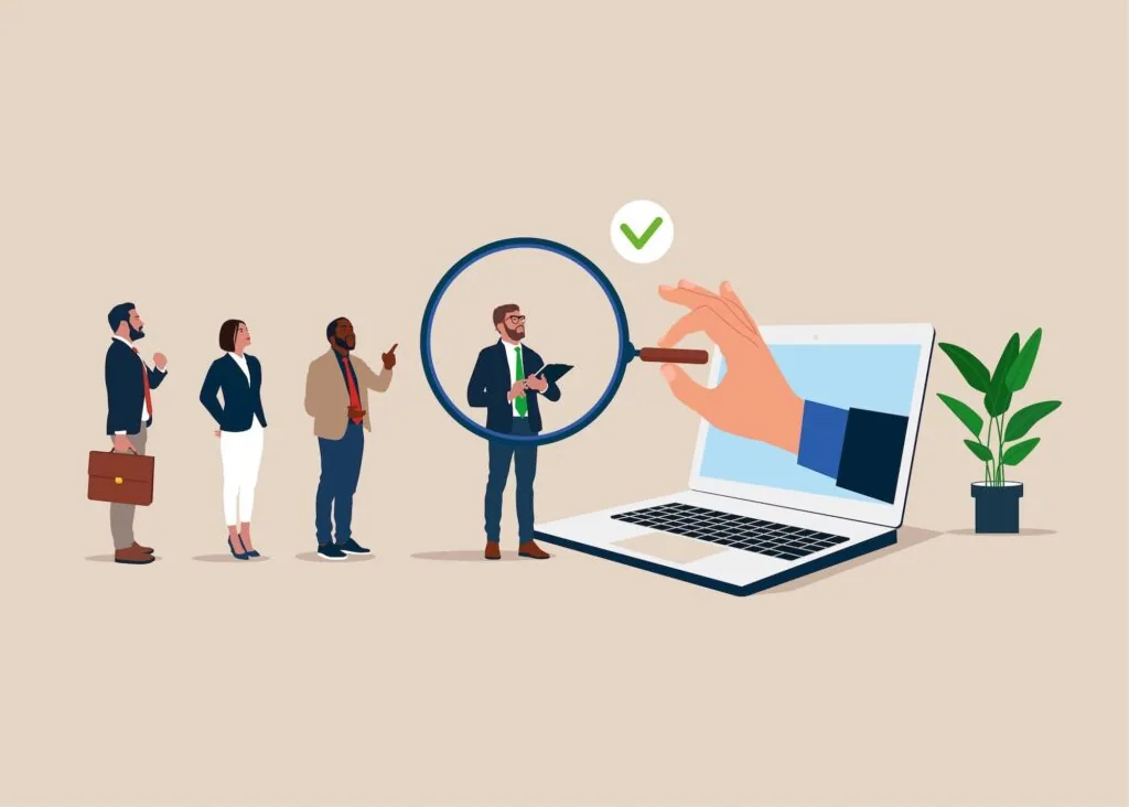 Business professionals standing in line being selected by a hand emerging from laptop screen with checkmark approval icon
