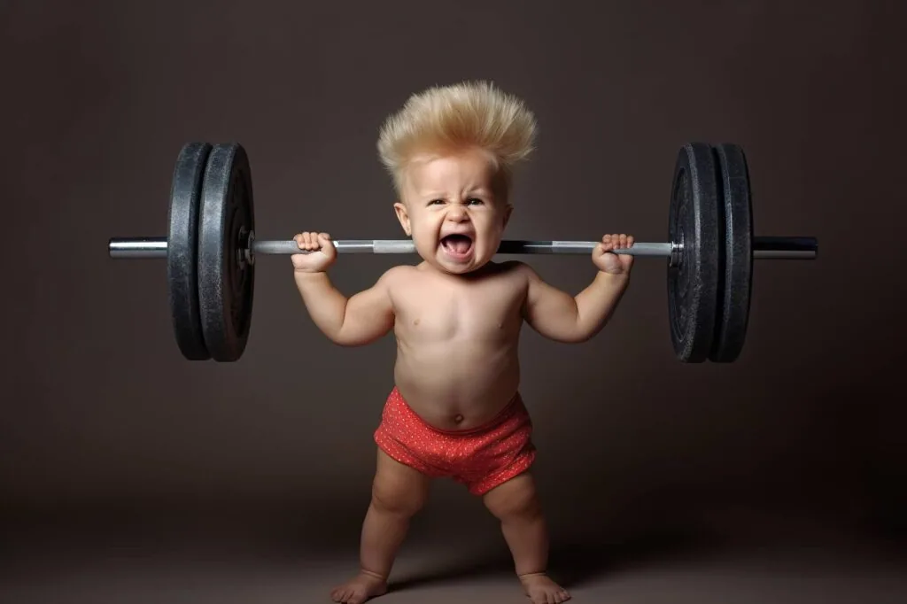 Toddler lifting barbell with weights against brown background