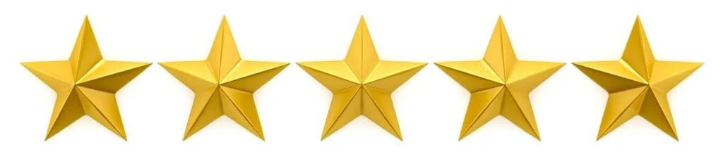 Five gold stars in a row representing a five-star rating